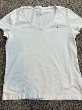 Large Tommy Hilfiger White Short Sleeve Top Shirt Cotton Logo Red Blue Women’s C